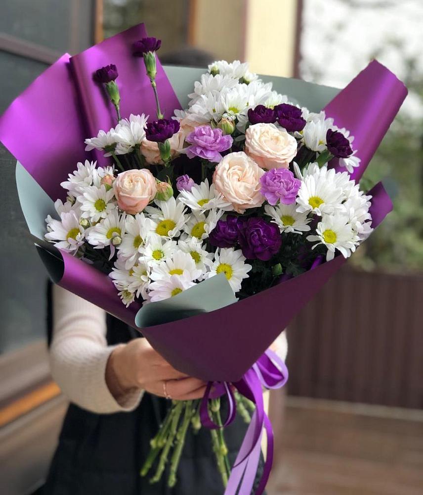 Букет цветов из: Хризантемы, Гвоздики и Розы в Молоково