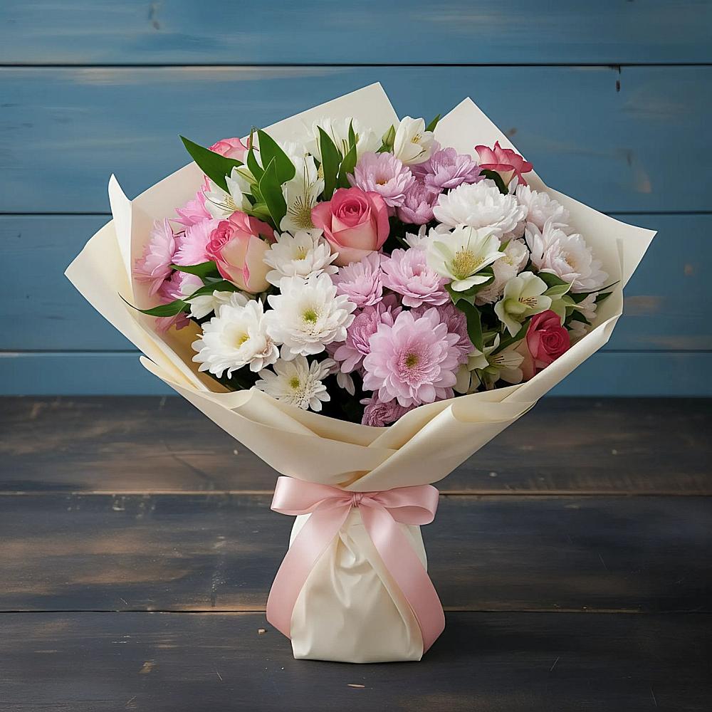 Букет цветов из: Хризантемы, Альстромерии и Розы в Молоково